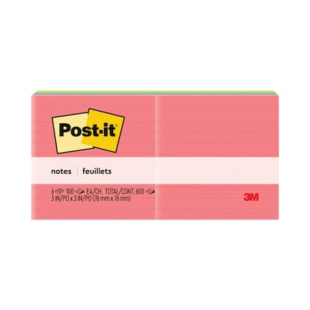 Post-It Note, Pst-It 3"X3"Ruled, Ne, PK6 6306AN